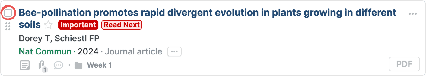 The selection checkbox circled at the top left of a reference row.